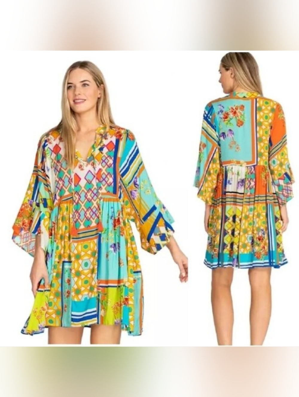 Johnny Was California Boho Patchwork‎ Floral Rayon Tassel Dress Pockets Size M